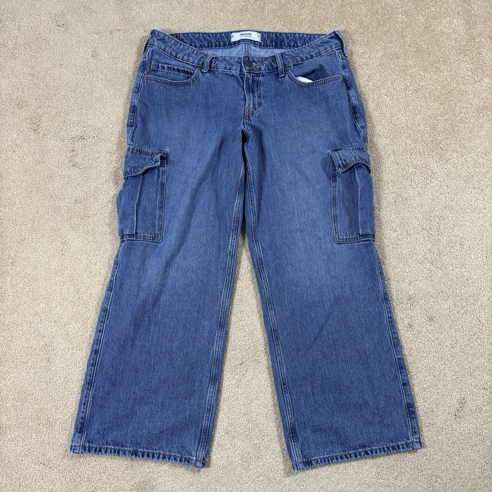 Hollister Womens Cargo Baggy Low Rise Blue Medium Wash Denim Jeans 32s 14s